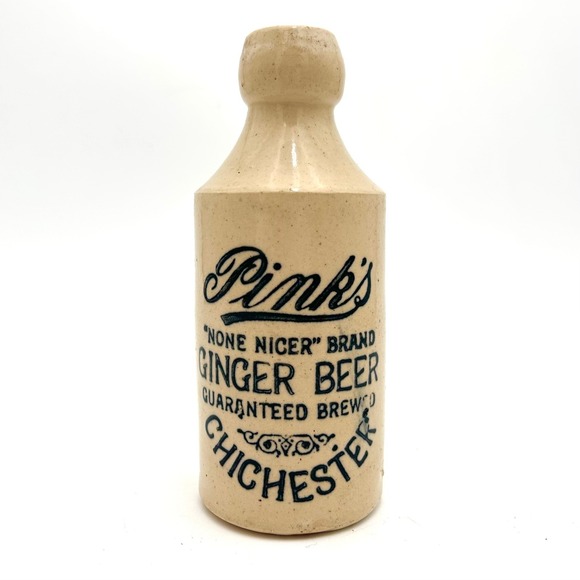 Vintage Pink's "None Nicer" Brand Ginger Beer Stoneware Bottle Chichester 7"H - Picture 1 of 7